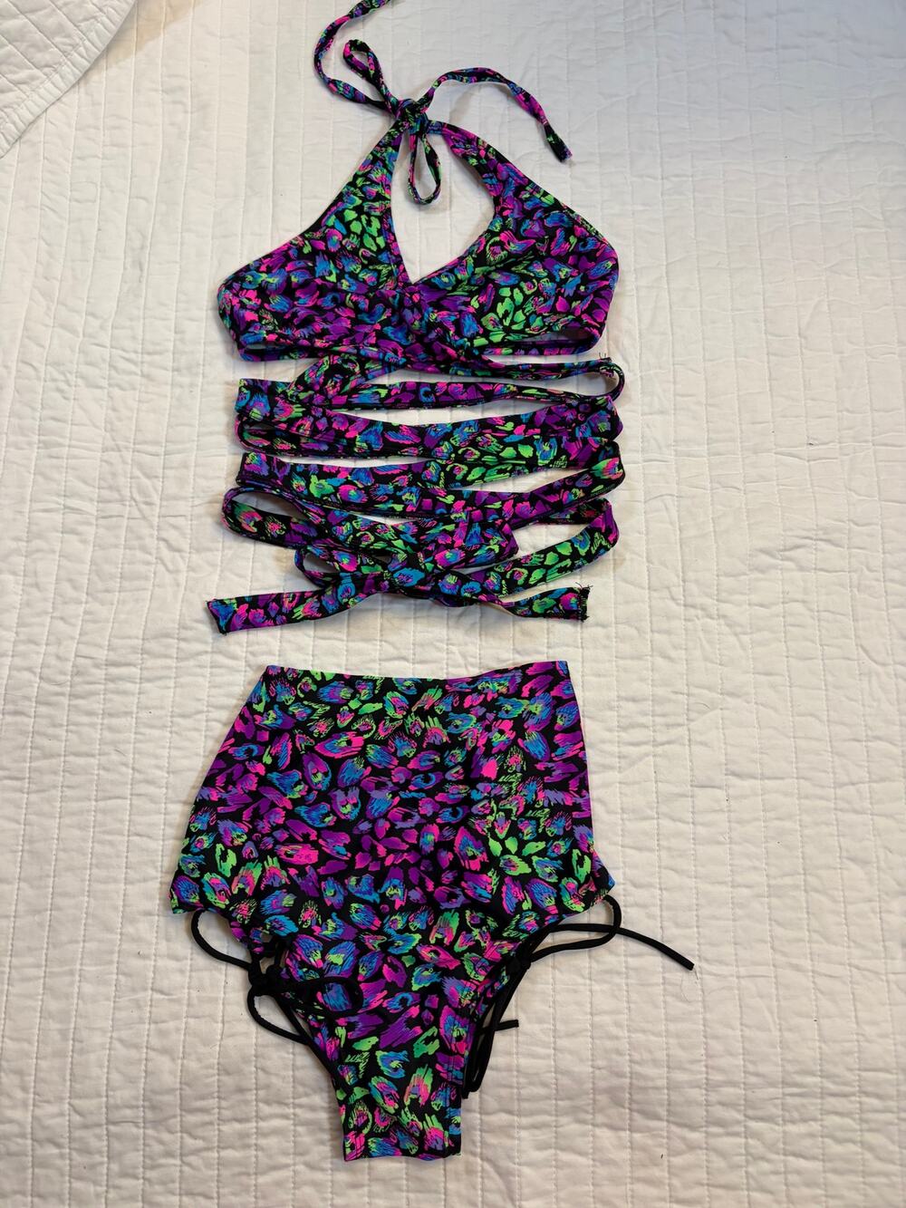 Rave Wonderland Neon Cheetah Wrap Bikini Set High Waisted Lace Up Rave Festival
